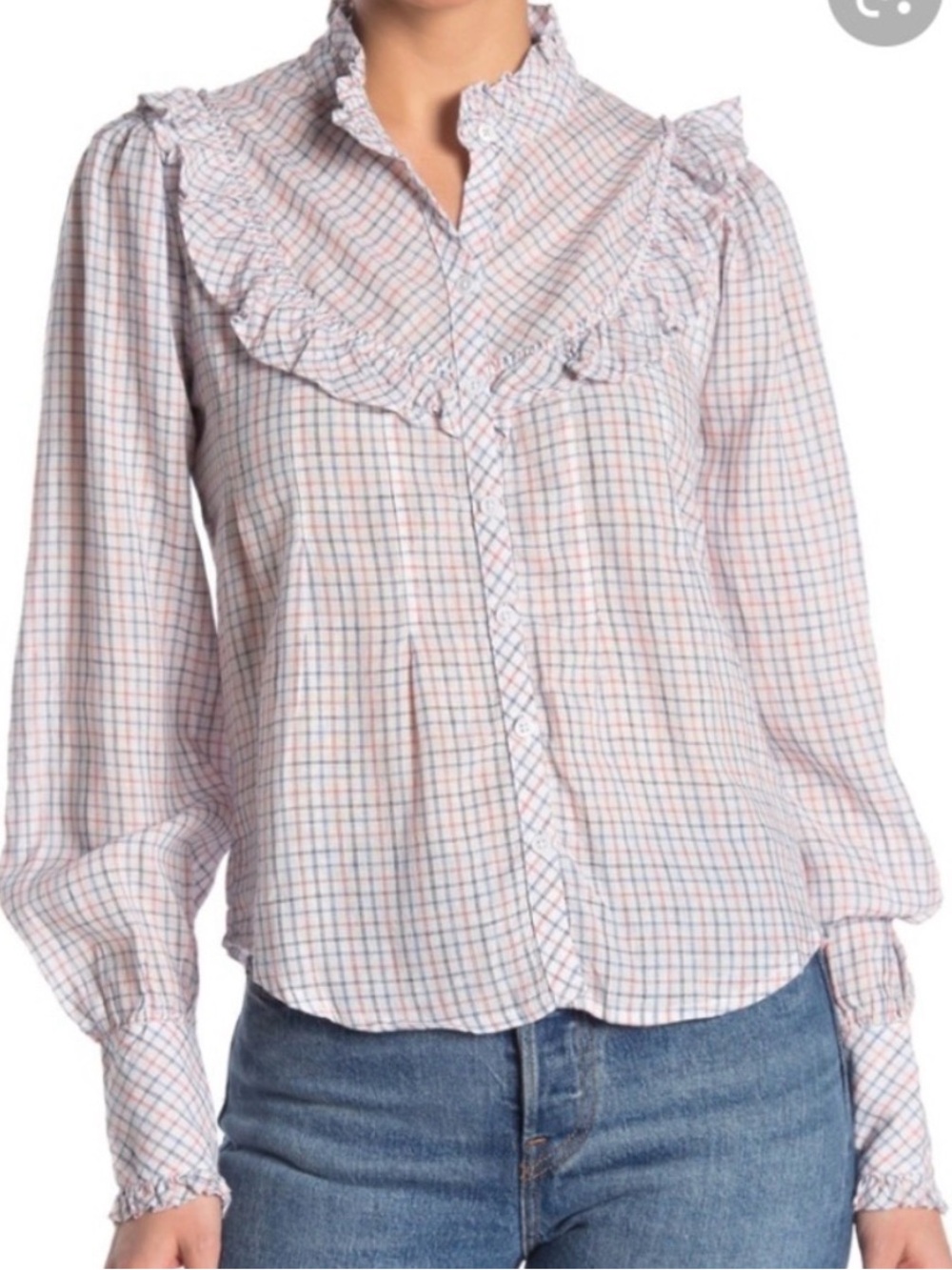 Faherty Alma Western Prairie Cottagecore Ruffled Plaid Button Front Blouse SZ M